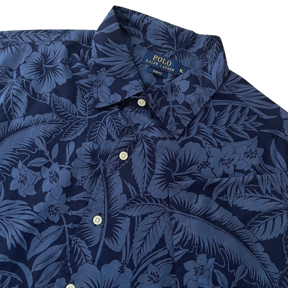 Polo Ralph Lauren Mens Shirt XL Navy Blue Floral Slim Fit SS Hawaiian Tropical